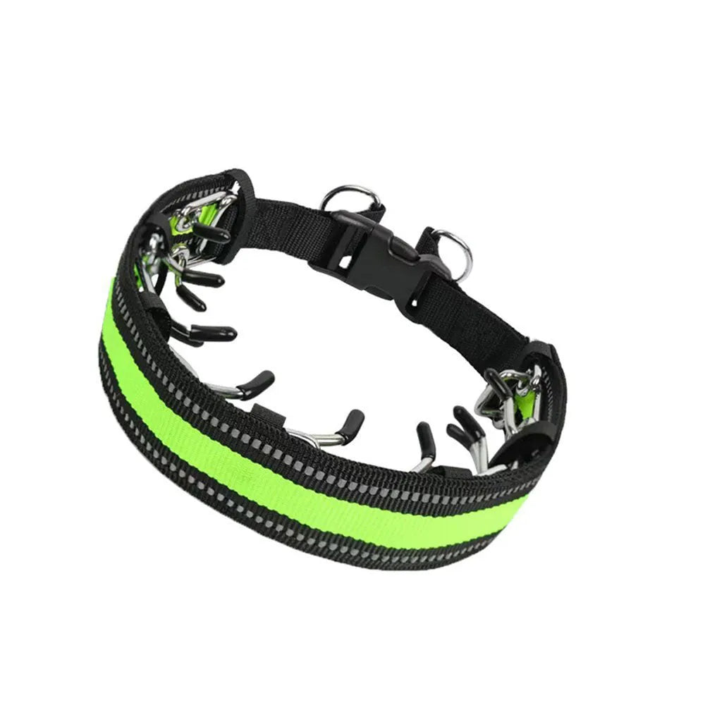Dog training collar with removable plastic spikes in reflective blue colour, shown with neck cover accessory