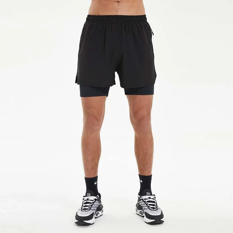 Men's black double-layer running shorts with high elastic waist for summer fitness.