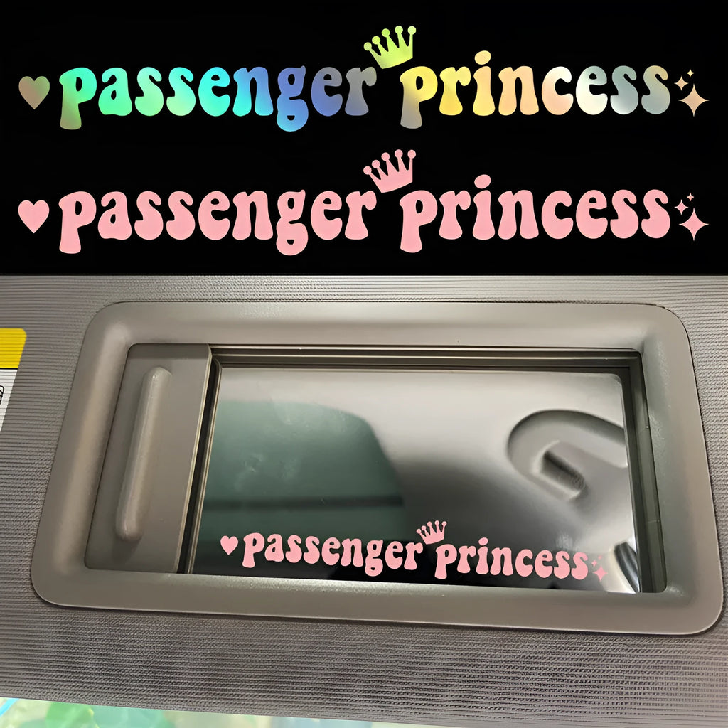Passenger Princess text car sticker for rearview mirror in black, white, laser or pink colours