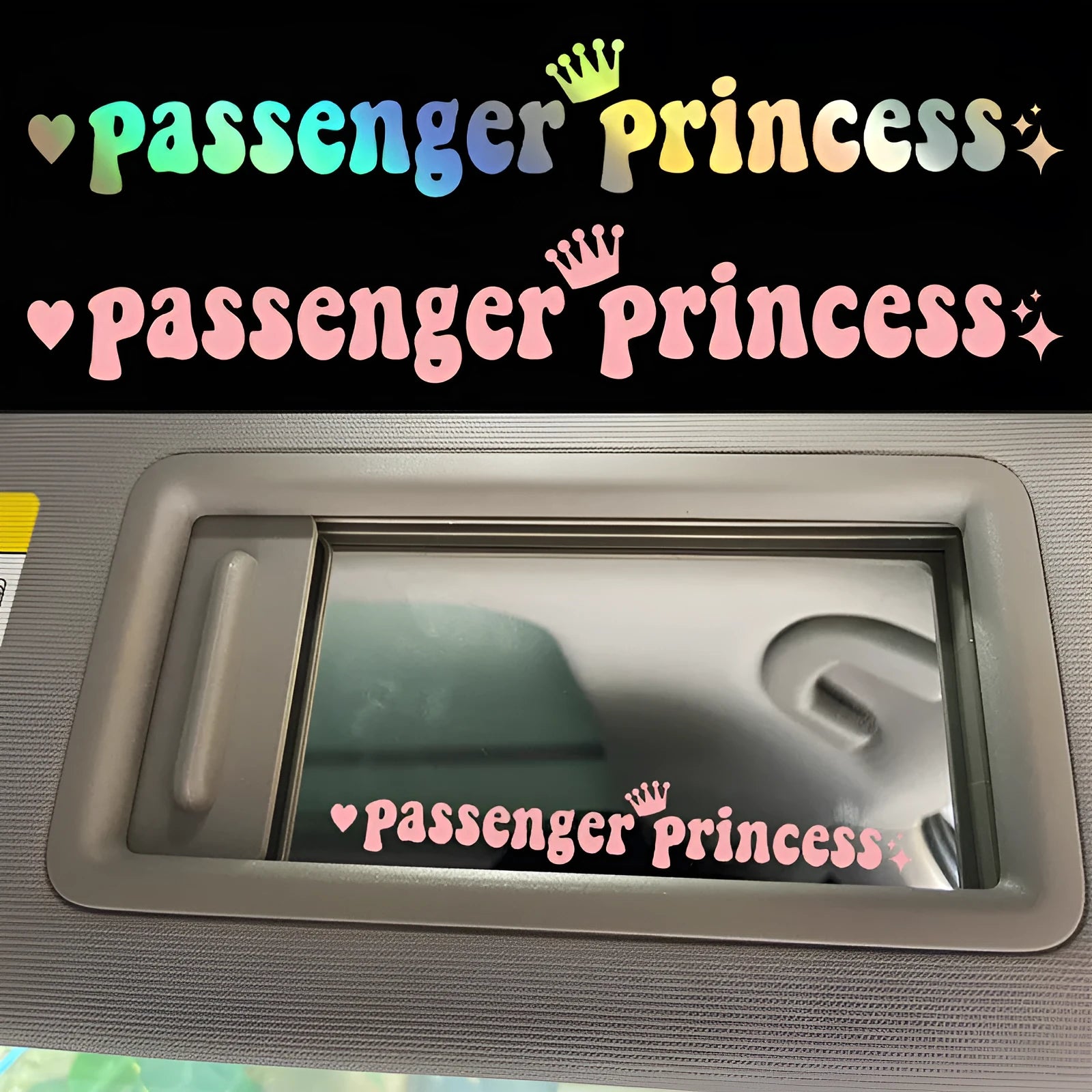 Passenger Princess text car sticker for rearview mirror in black, white, laser or pink colours