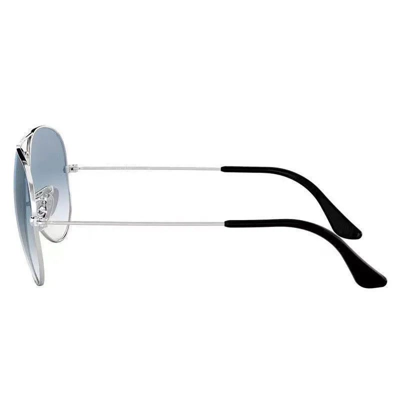 Tempered glass sunglasses with gold frame and dark green lenses for UV protection.