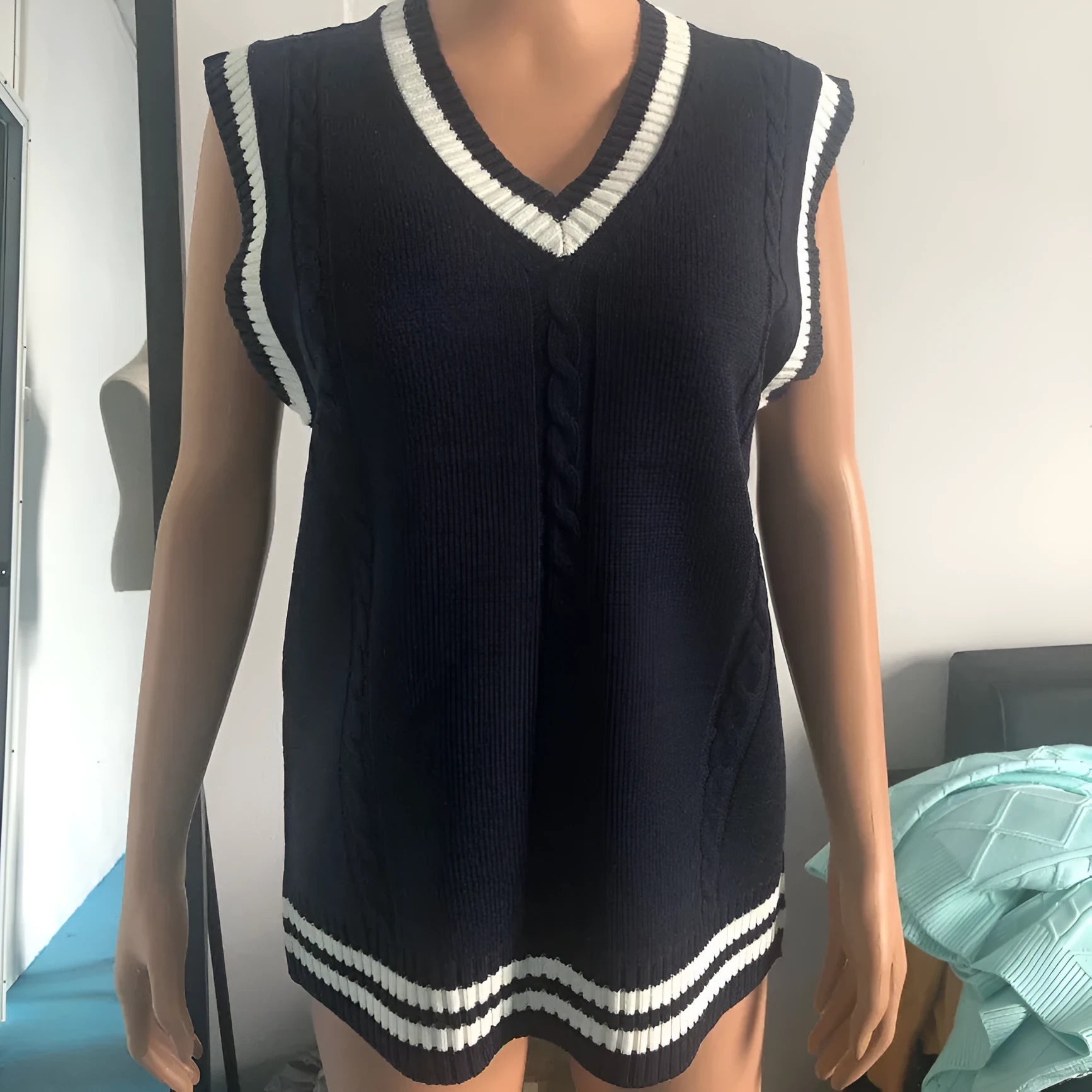 Women's V-neck waistcoat sweater with striped stitching detail in slim fit pullover style