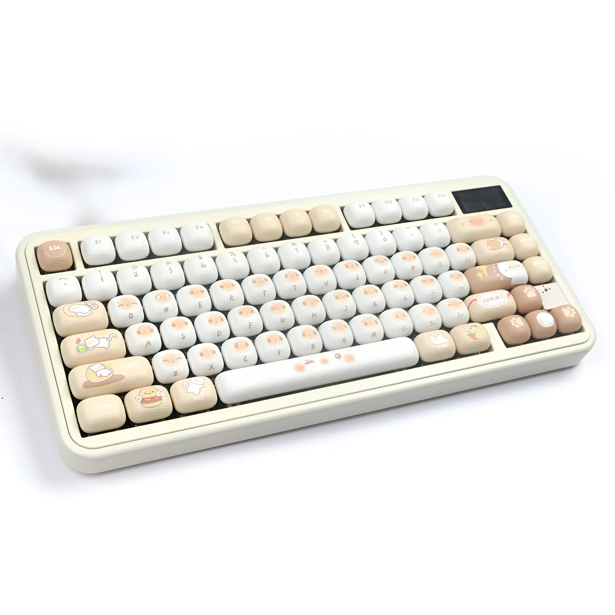 Steamed bread character march past design on a set of white PBT 7u keyboard key caps.