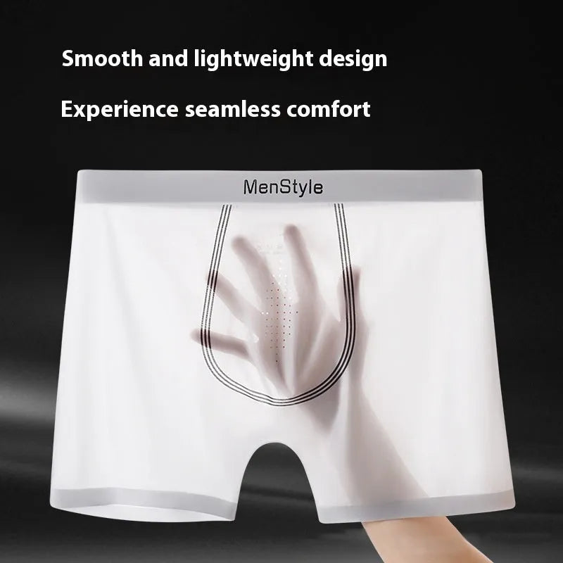 Men's seamless satin ice silk boxers in dark grey showing mid waist and reinforced crotch design.