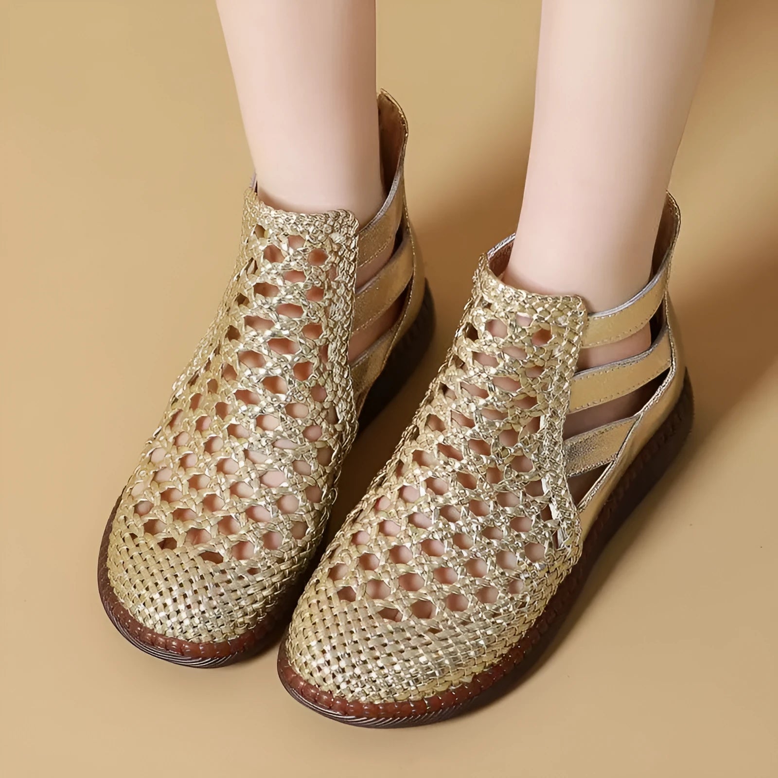 Gold and white women's flat sandals with openwork PU leather uppers and soft soles