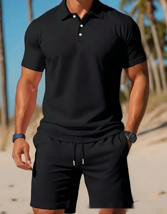 Men's casual beach mesh lapel set with short-sleeved shirt and shorts in polyester fibre, available in multiple colours.