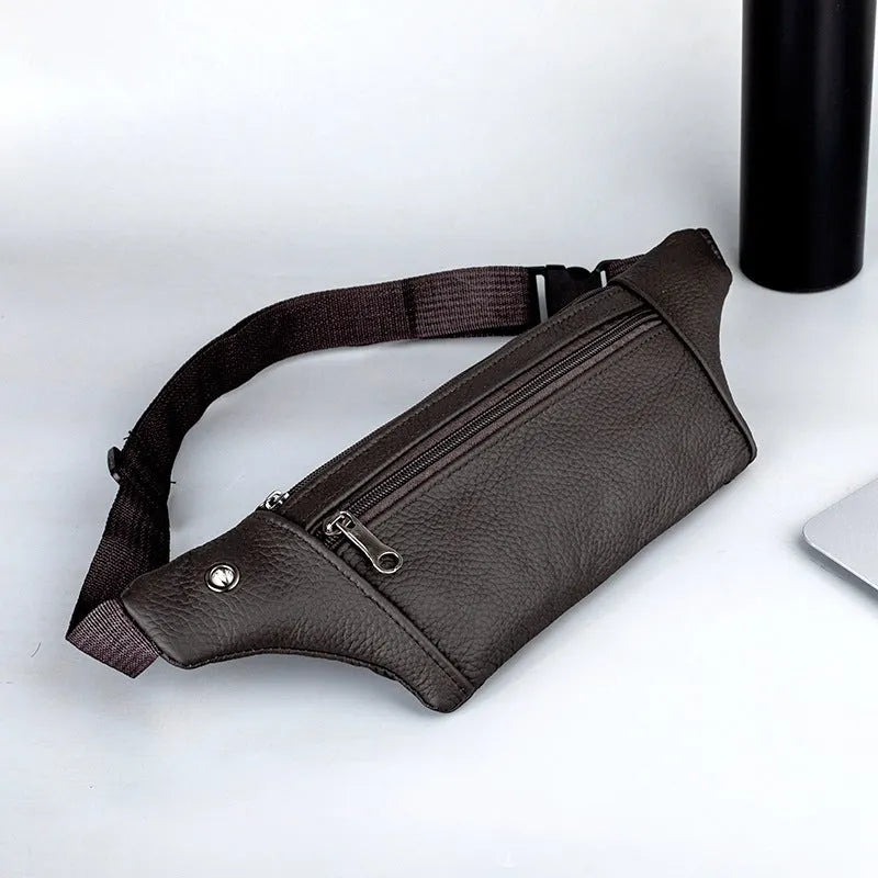 Genuine leather sports waist pack for men, black thin style, top grain leather, with leather pull tab, on white background