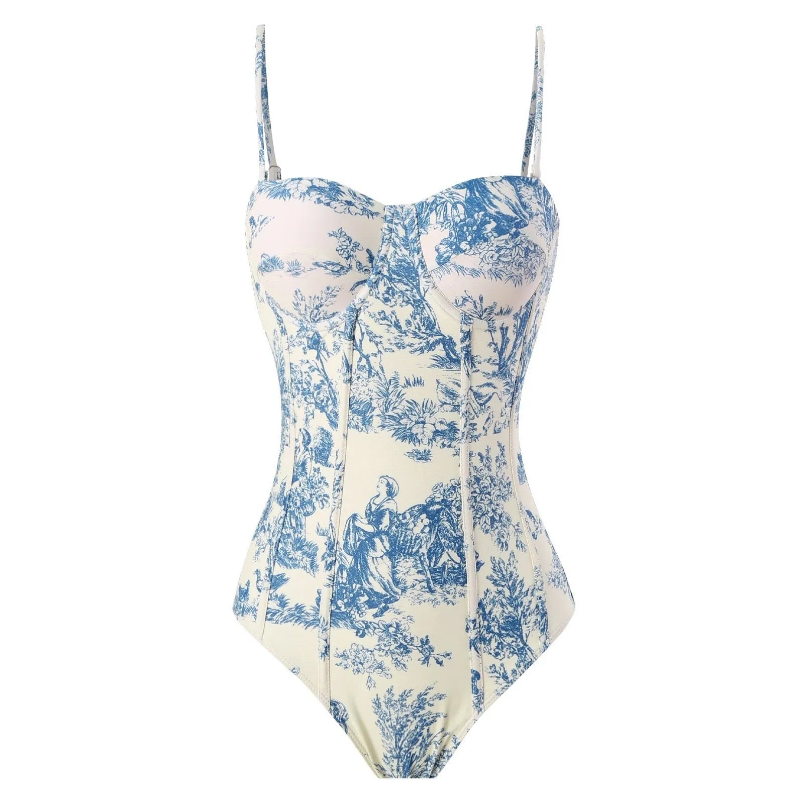 Blue women's one-piece swimsuit with matching gauze skirt set on mannequin