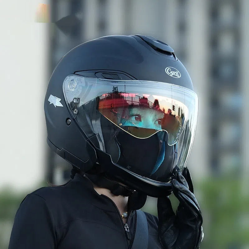 Men's motorcycle half helmet with double visor and ABS shell, sizes M to 3XL, multiple colours