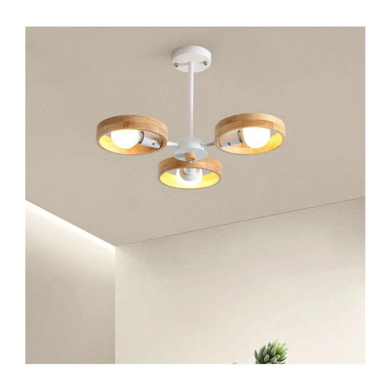 Wooden circle multi-head chandelier ceiling light in black or white with 3, 6, or 8 heads for living room use