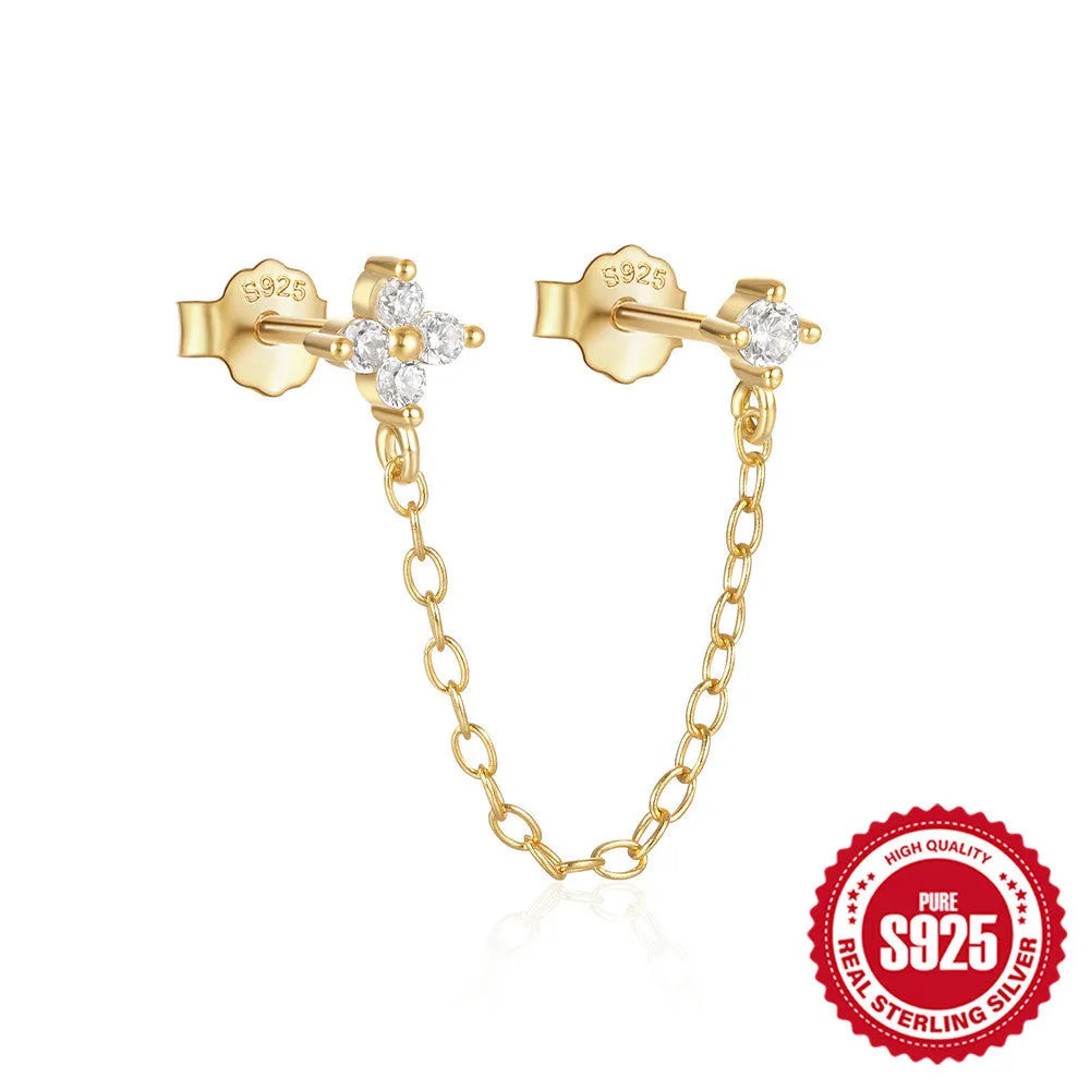 S925 sterling silver geometric earring with flower, tassel and chain detail in gold electroplated finish.