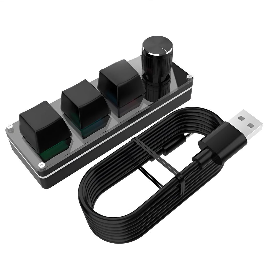 USB custom office keyboard with three programmable keys, black colour, wired with 1.5-metre cable