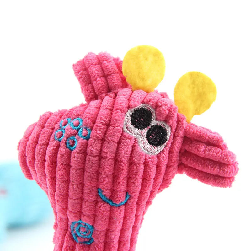 Blue deer-shaped plush pet toy with corn grain texture and sound squeaker