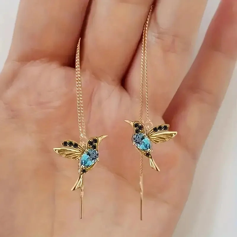 Bird hanging personalised long earrings with zirconium wings in blue, red or red lvzuan colours