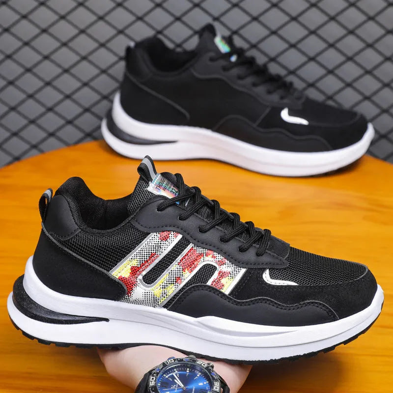 Men's white green and grey mesh casual shoes with a leather toe holder and plastic sole.