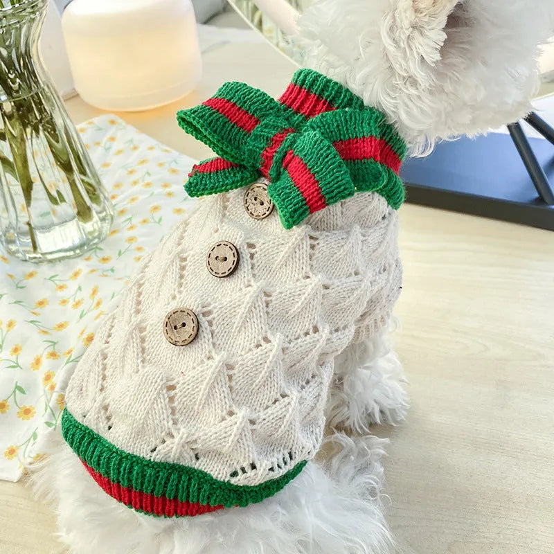 Bowknot hollow knit dog sweater in coffee white, winter pet apparel with lattice pattern
