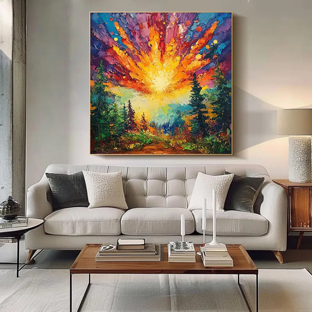 Hand-painted oil painting of sun rising in deep forest with brilliant light, modern landscape canvas art for home decoration
