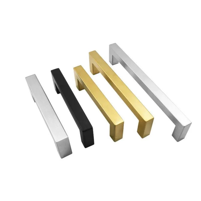 Stainless steel square pipe cabinet door handle in brushed silver finish, shown alongside matte black and brushed gold options.
