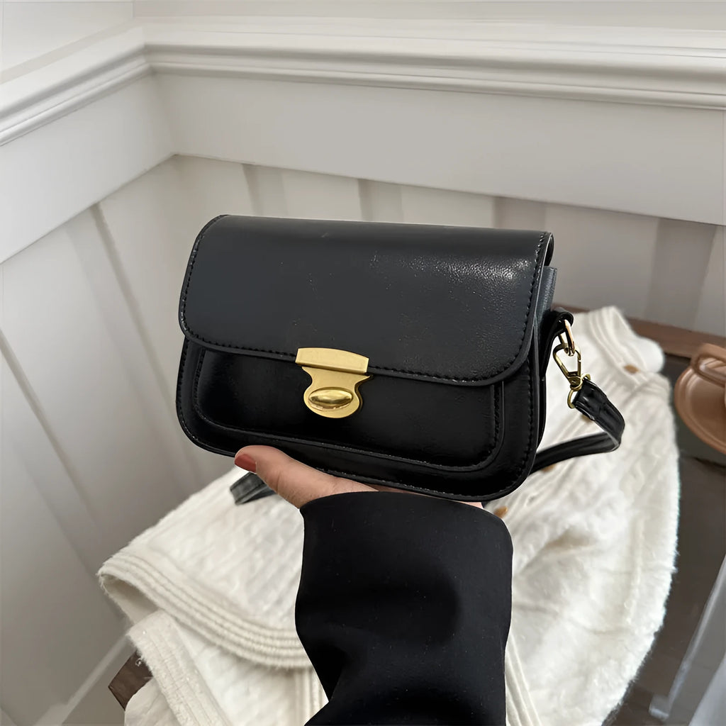 Soft PU leather small square handbag in horizontal rectangular shape showing black colour option