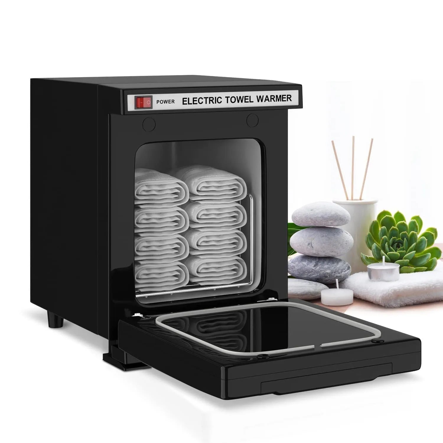 UV ozone disinfection cabinet with towel heating in black finish, front view, for household use