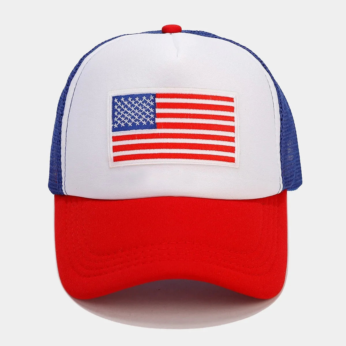 Red and blue contrasting breathable mesh baseball cap with adjustable strap on a dome crown.