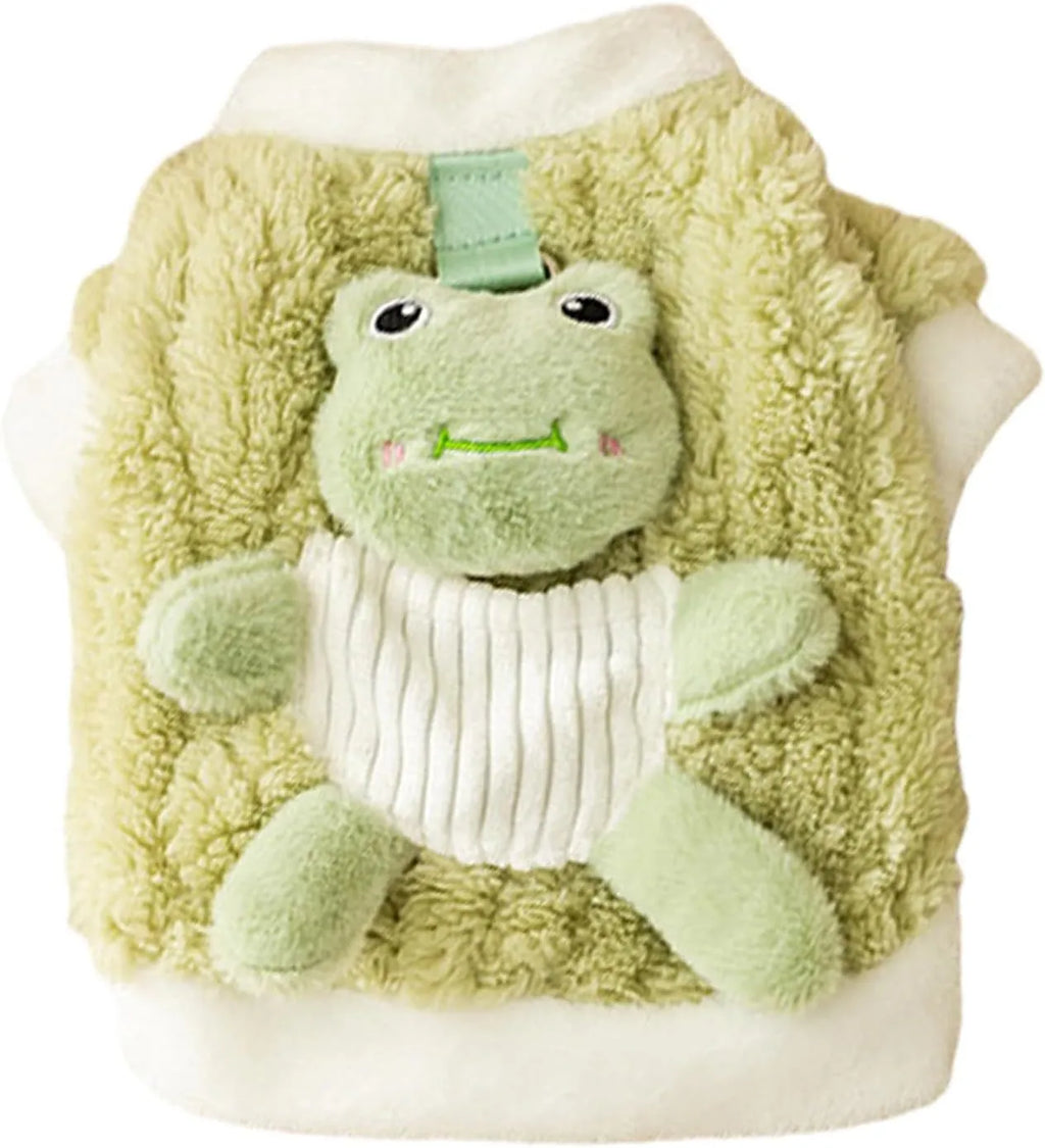 Green plush fleece dog hoodie with 3D frog face, white trim, and D-ring on belt for lead attachment.