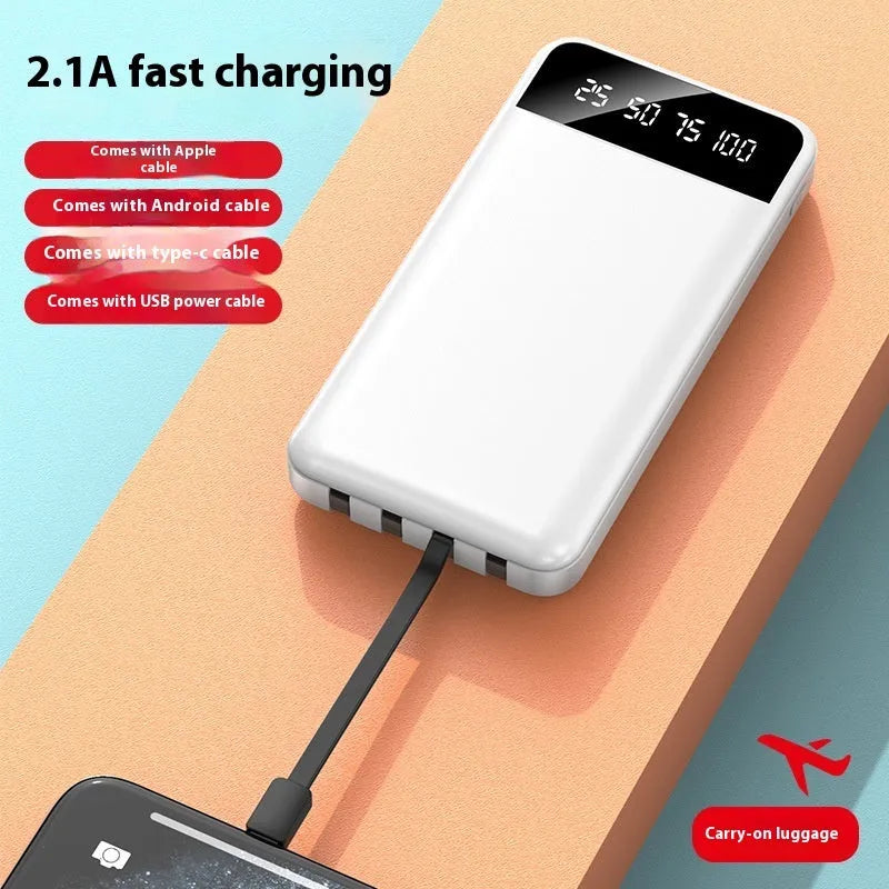 20000 mAh power bank in black, white, or red colours showing compact size and optional cable