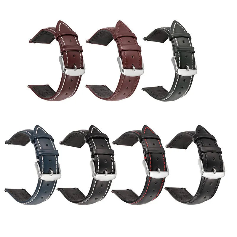 Quick-release leather watch strap in bright cowhide showing colour options and quick-release spring bar detail.