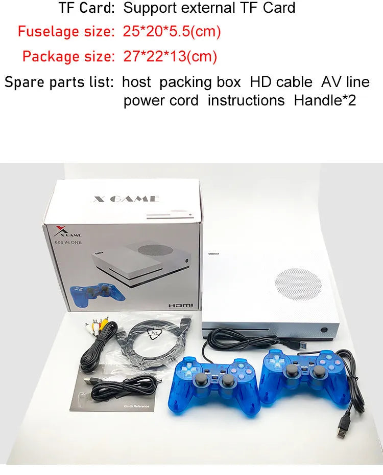 White Arcade Xgame wired game console with HDMI interface, ABS body, and two joystick controllers