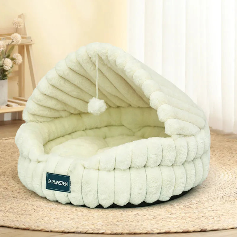 Large round cloth cat nest bed in pink with shell design, 50cm diameter