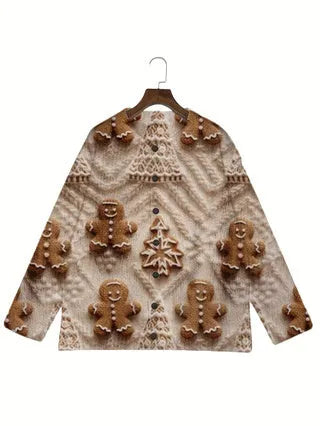 Loose fit casual top with lapel collar and a printed design, available in multiple sizes.