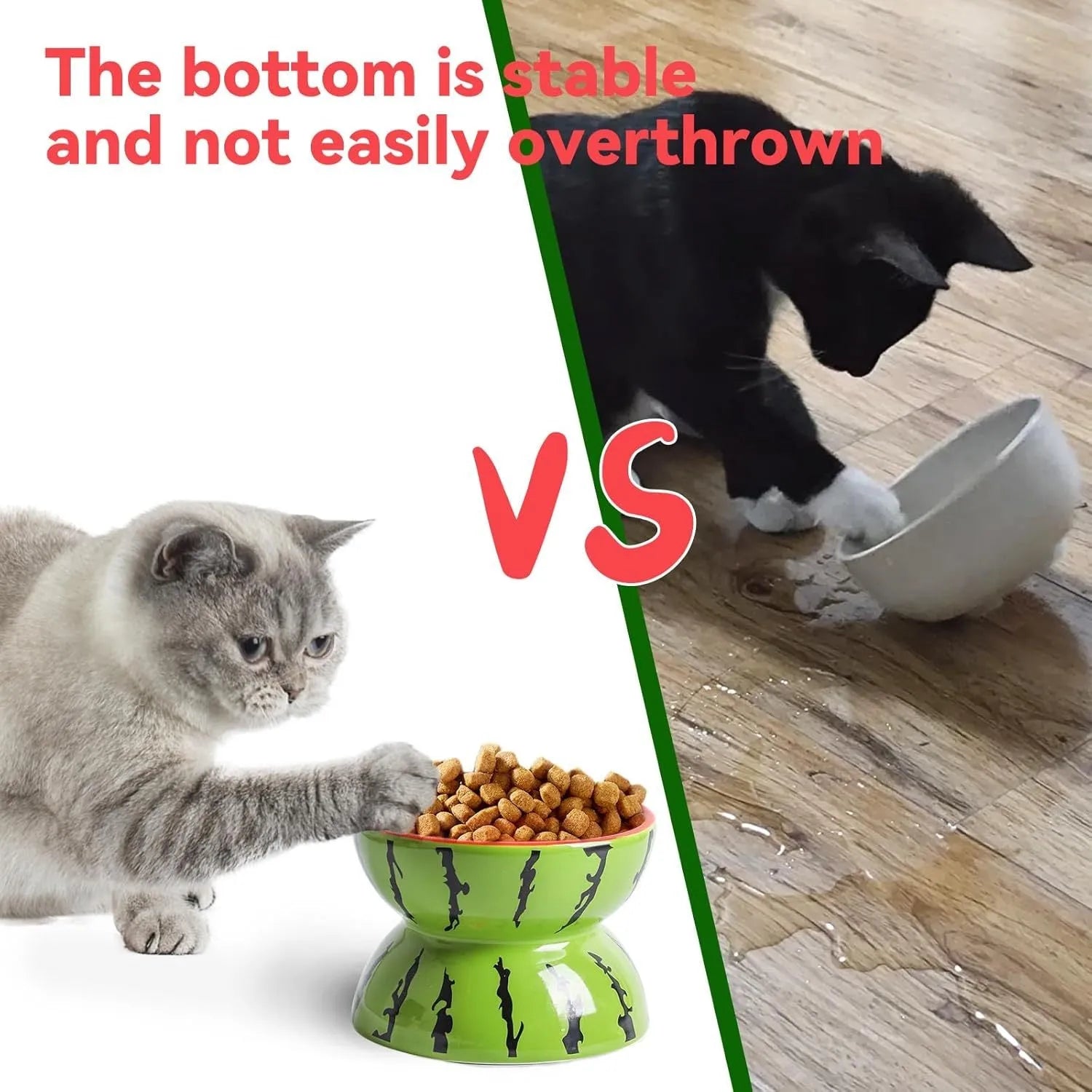 Ceramic elevated cat bowl with tilted wide dish in a colourful fruit pattern.
