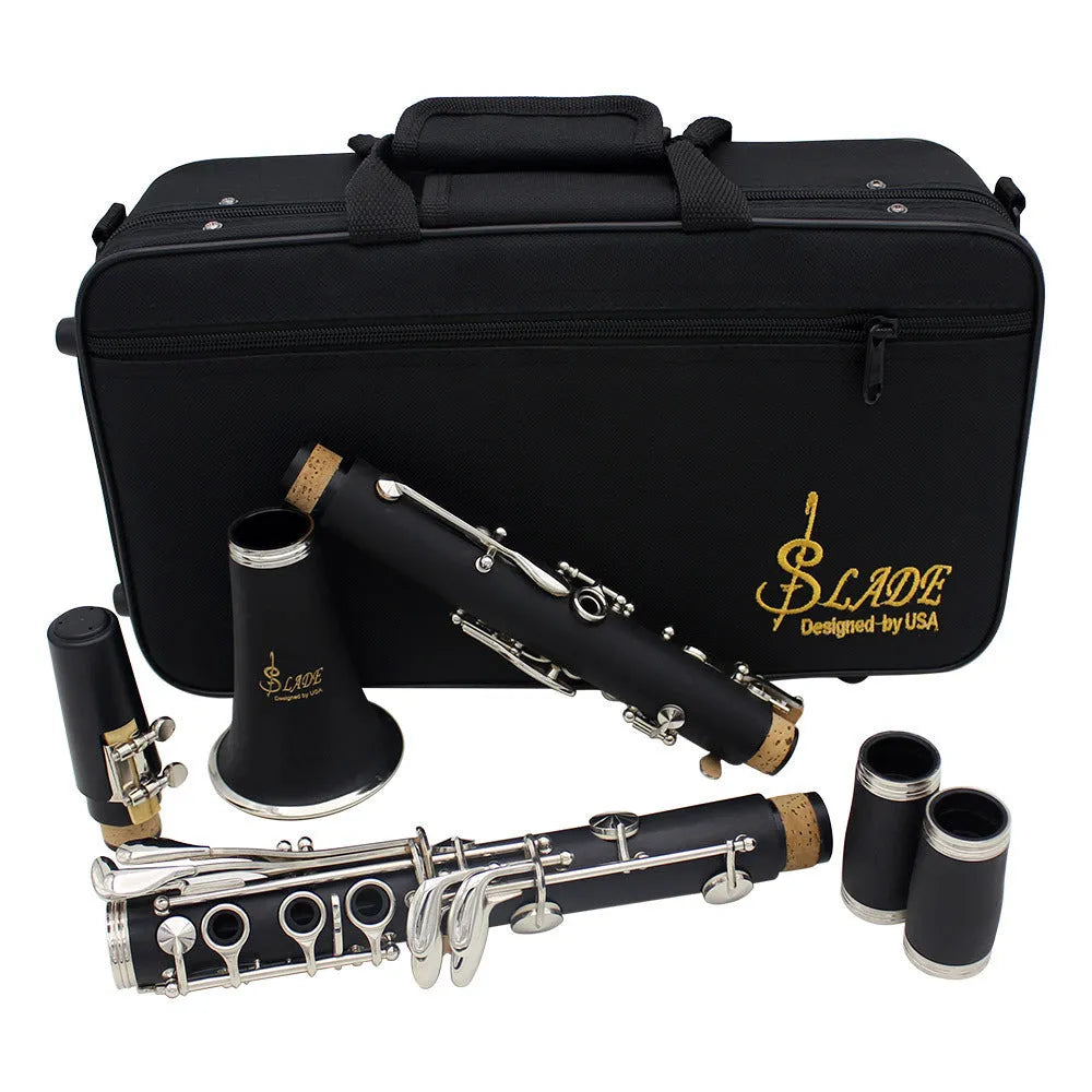 Black bakelite clarinet with nickel-plated keys and included carry bag
