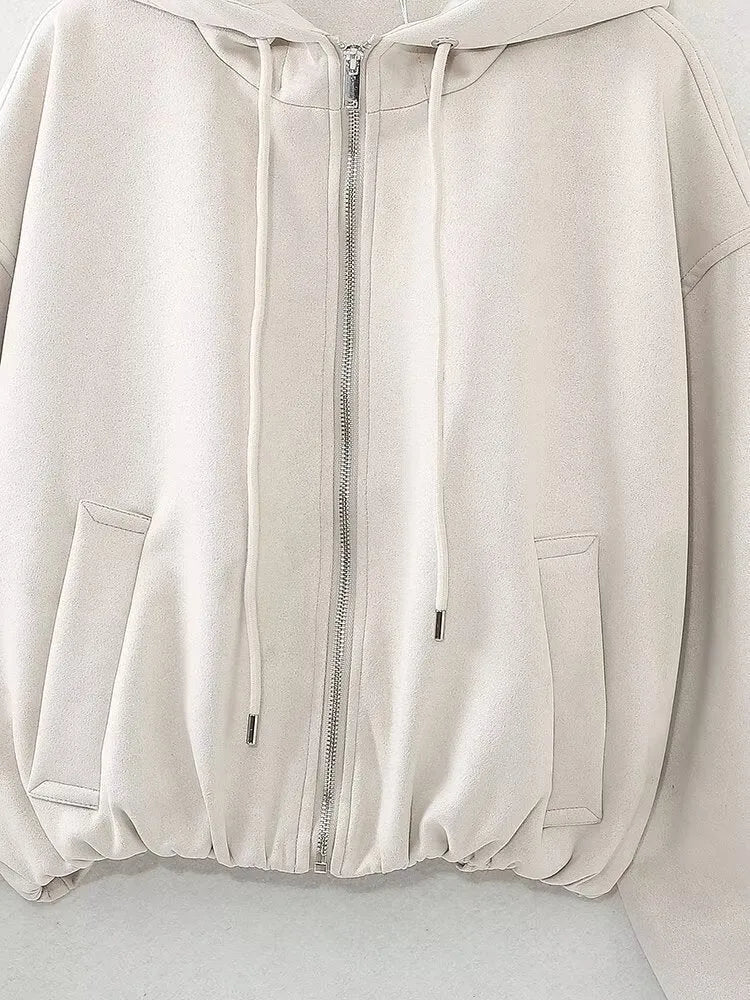 Women's suede hooded casual jacket in white or black colour with Asian sizing