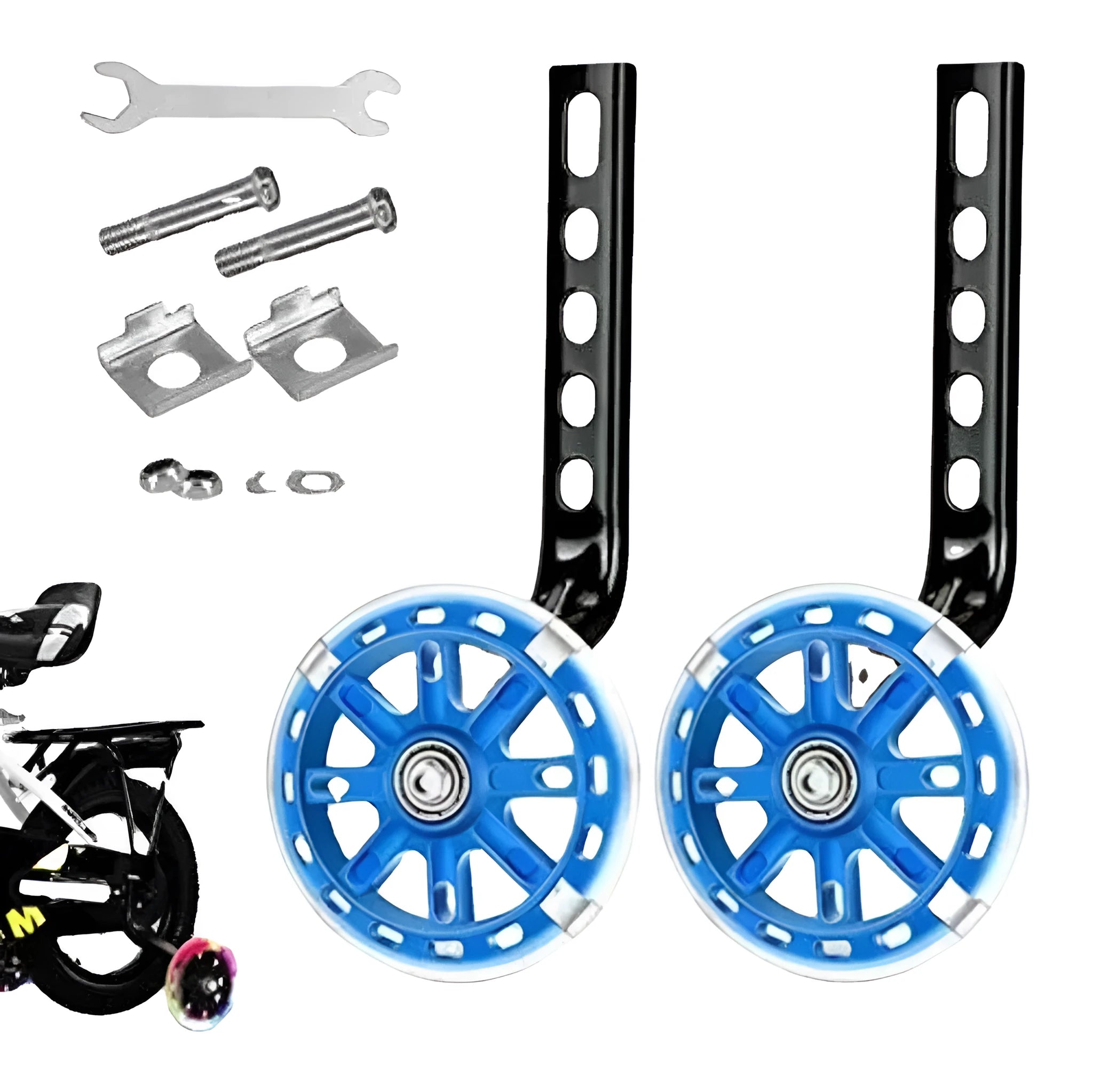 Children's glow training wheels set with universal bracket for 12-20 inch bicycles in multiple colour options