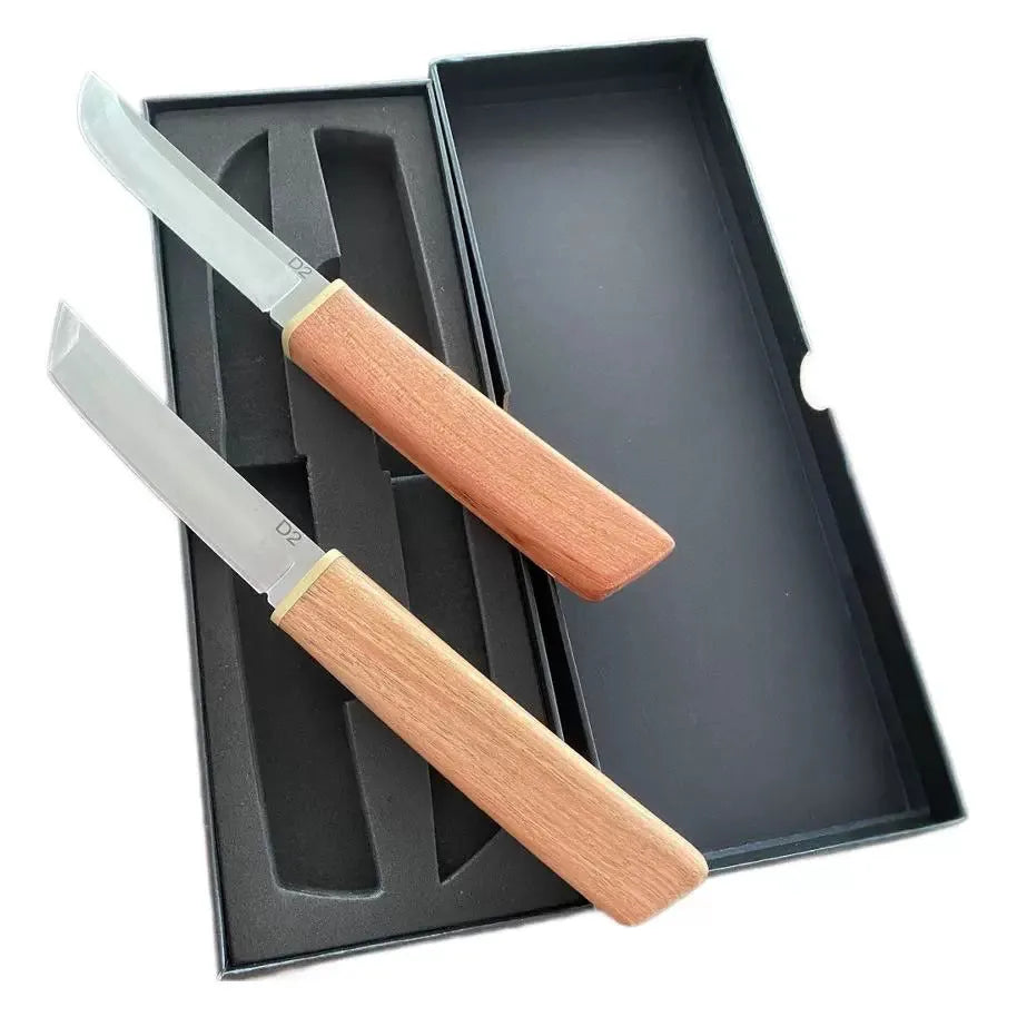 2-in-1 fruit knife set with stainless steel blades, wooden handles, and pointed and square heads