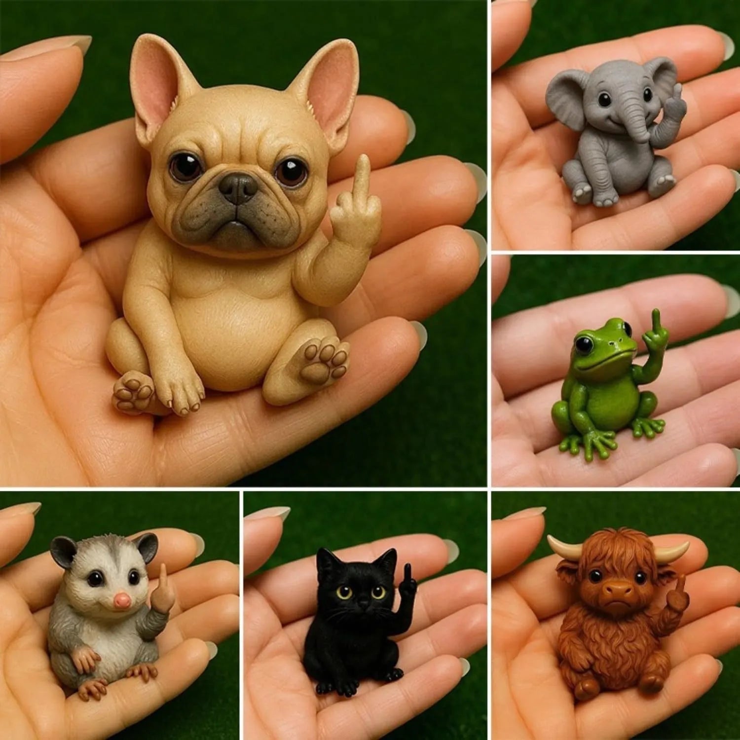 Mini resin animal doll with a middle finger gesture, shown in various animal styles like cat, dog, and turtle.