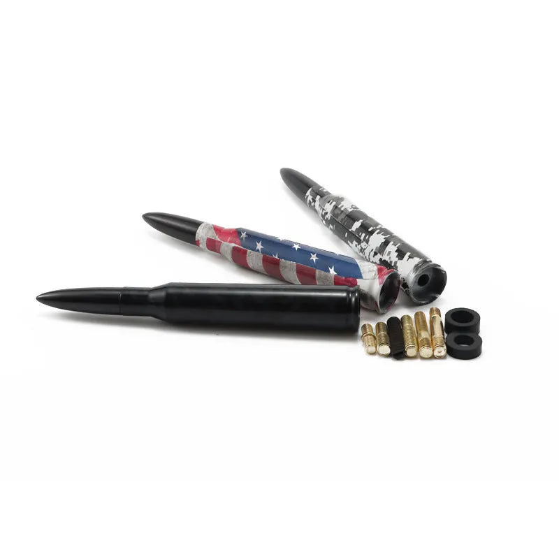 14cm bullet car antenna in camouflage green, American flag, and black colour options for modified vehicles
