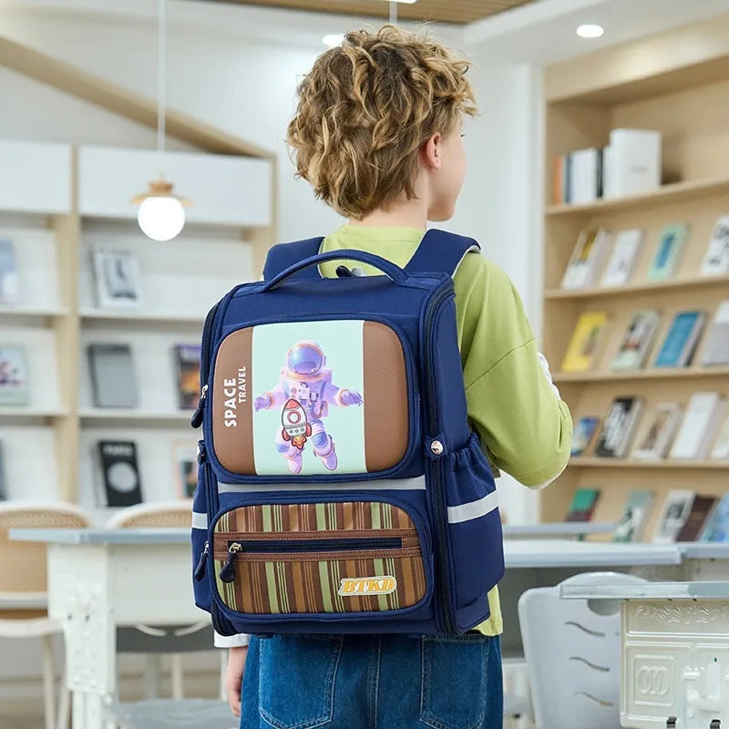 Childlike cute astronaut schoolbag in Dark Blue & Red with geometric pattern and air pillow belt