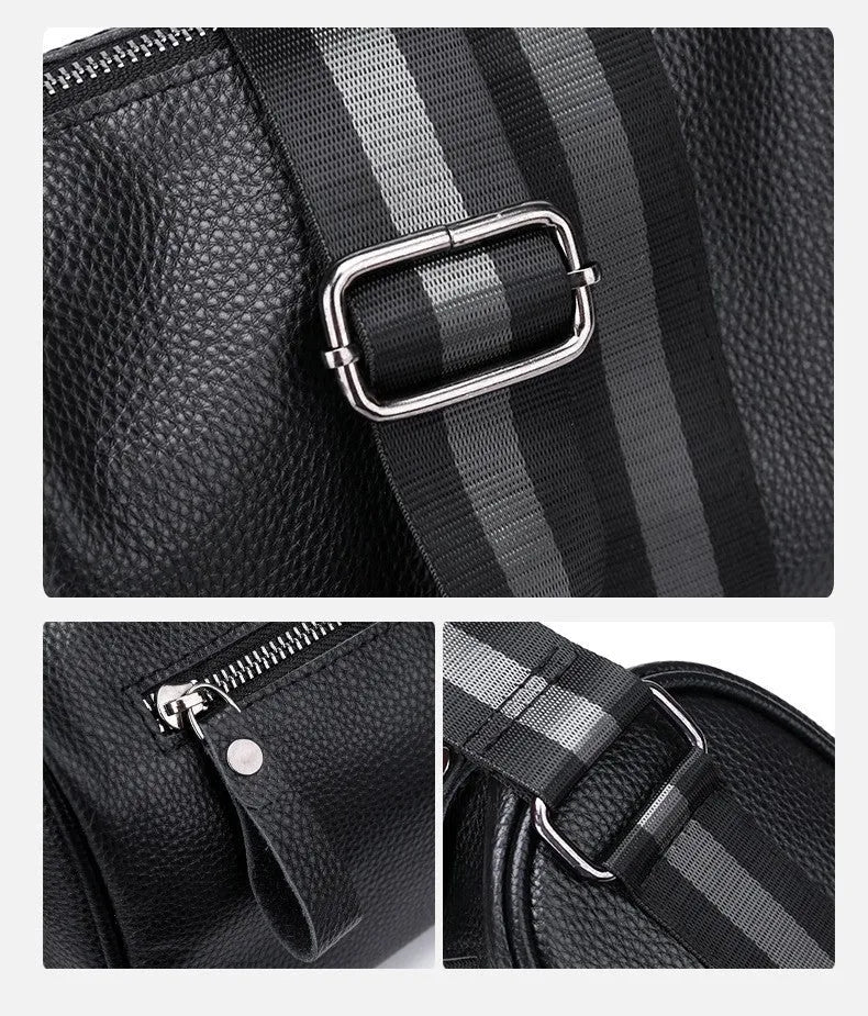 Black genuine leather women's crossbody bag with one-shoulder strap showing 24x16x13cm dimensions