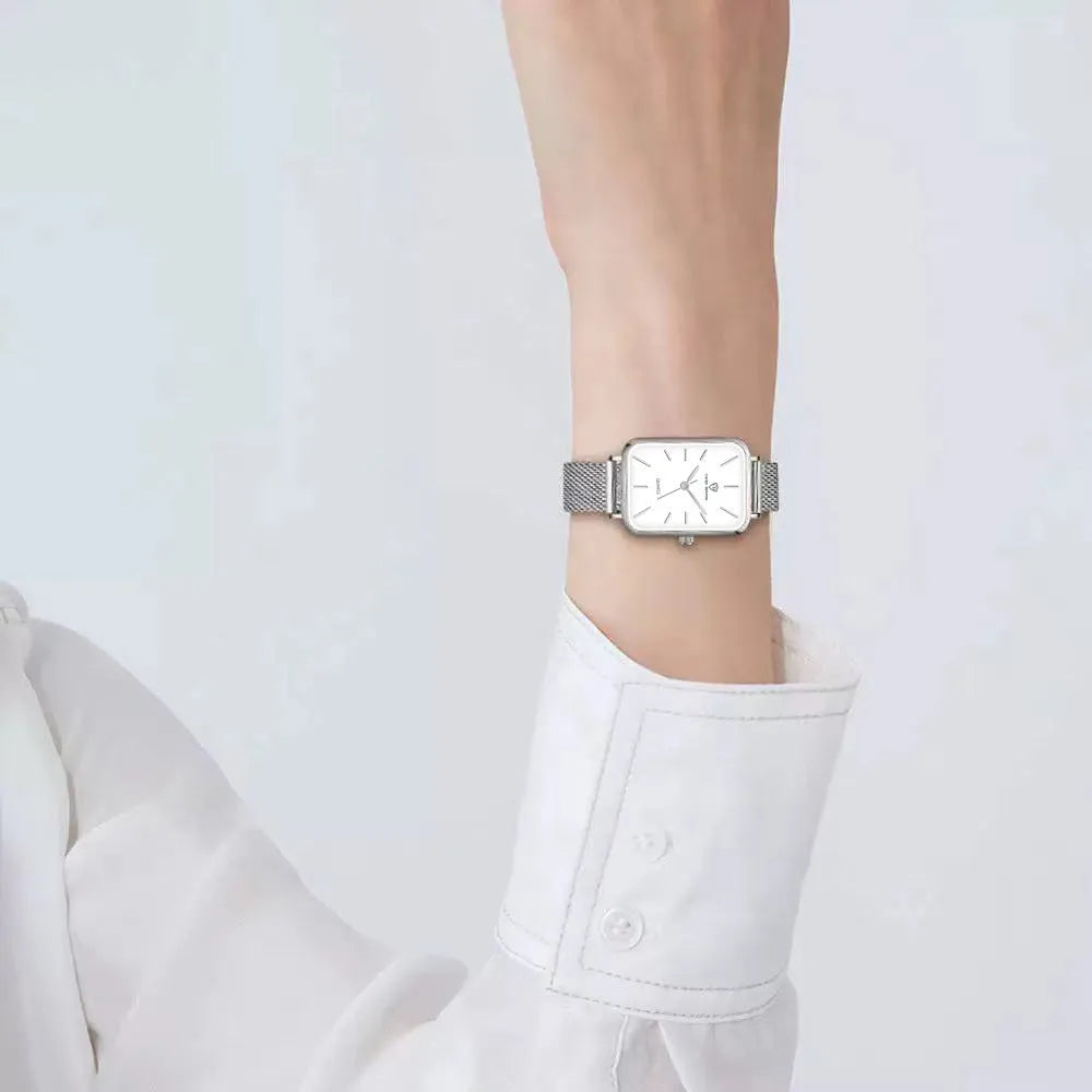 Women's rose gold waterproof quartz watch with alloy case and woven steel strap