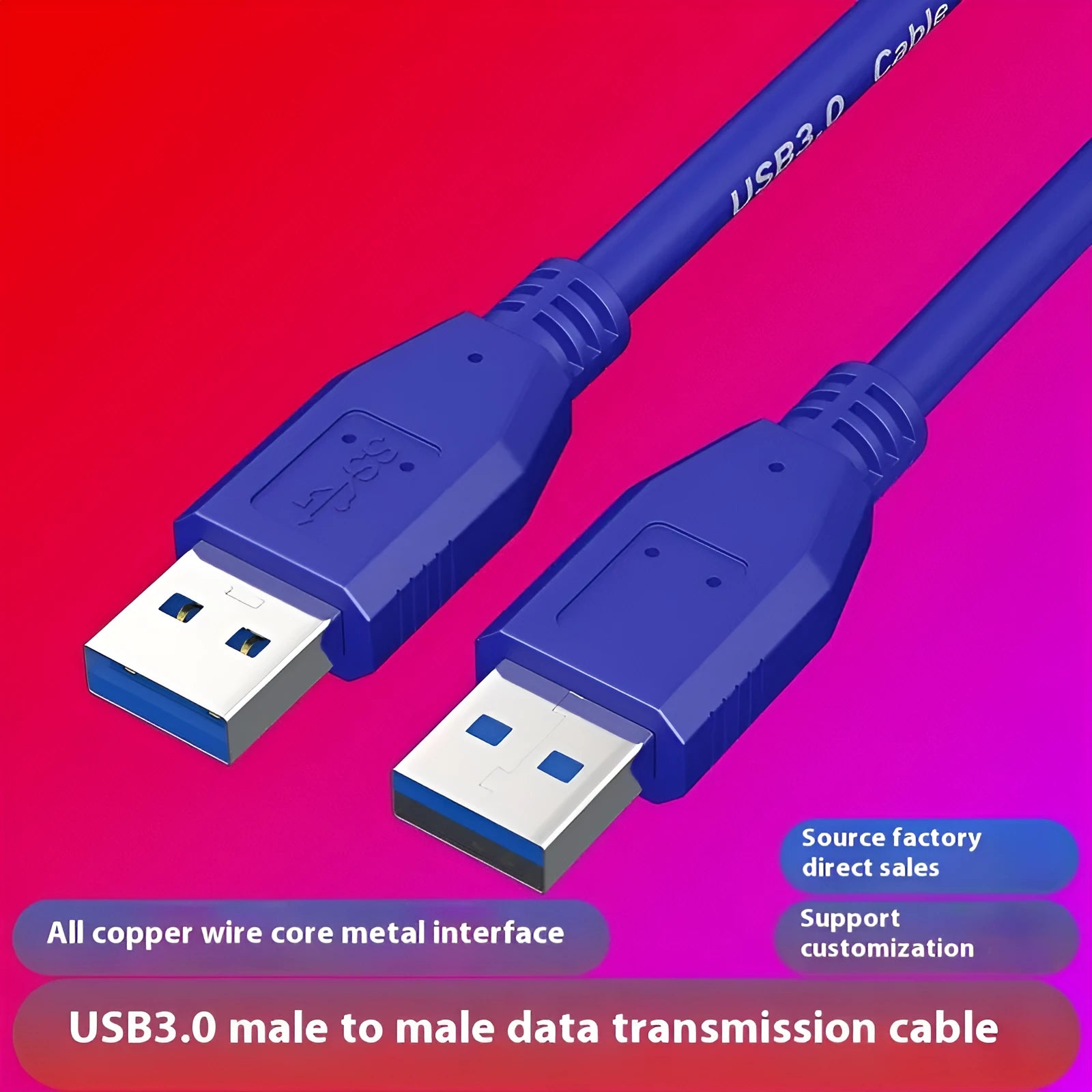 USB 3.0 public-to-public data cable with nickel-plated connectors for external hard drive connection.