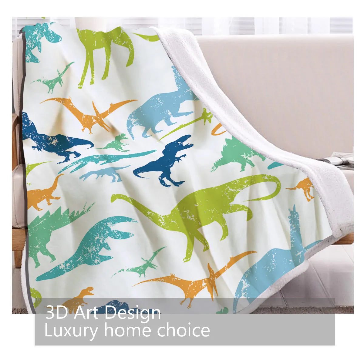 Dinosaur themed white sherpa fleece lamb wool blanket folded on a sofa