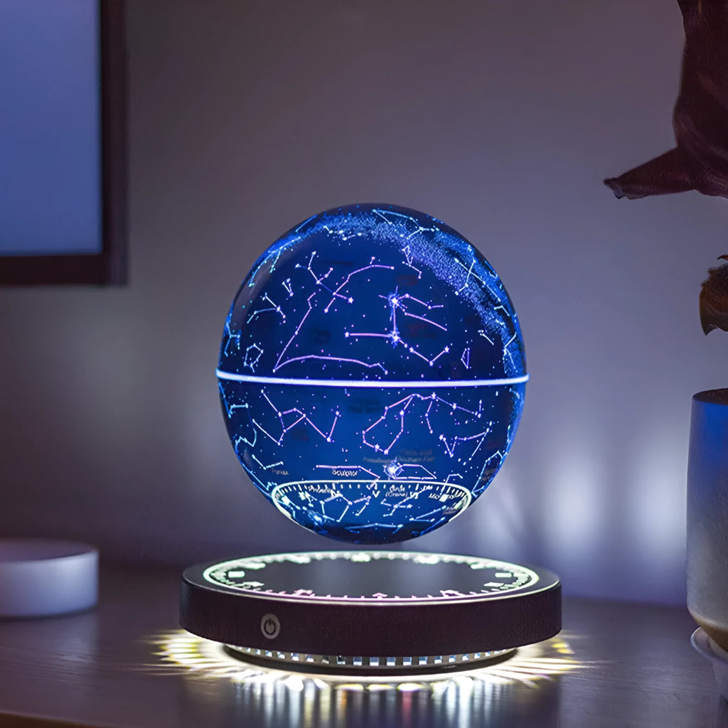 Maglev moon lamp in black, star ball shape on a bedside table with USB power