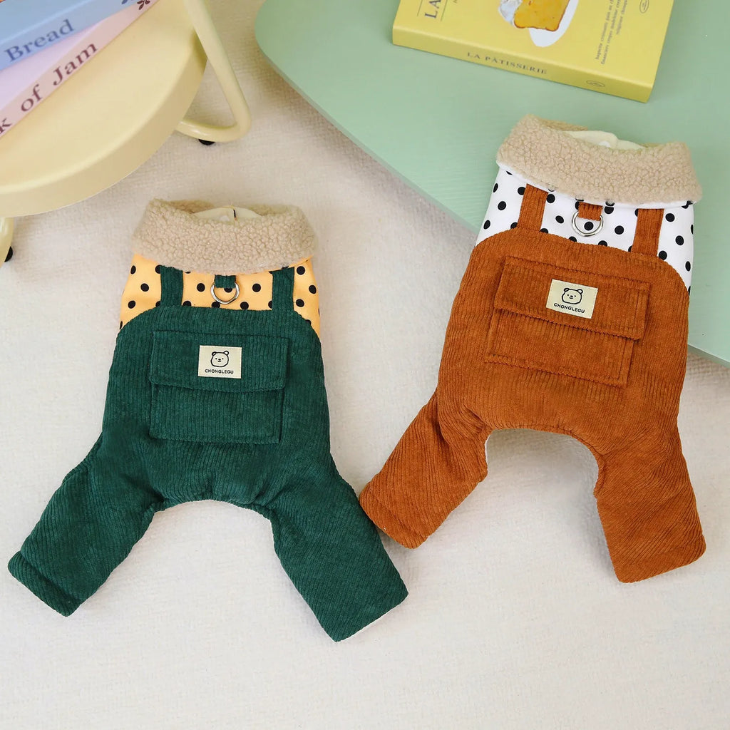 Thickened four-legged cotton pet clothes for small dogs in dark green and brown, sizes XS to XL