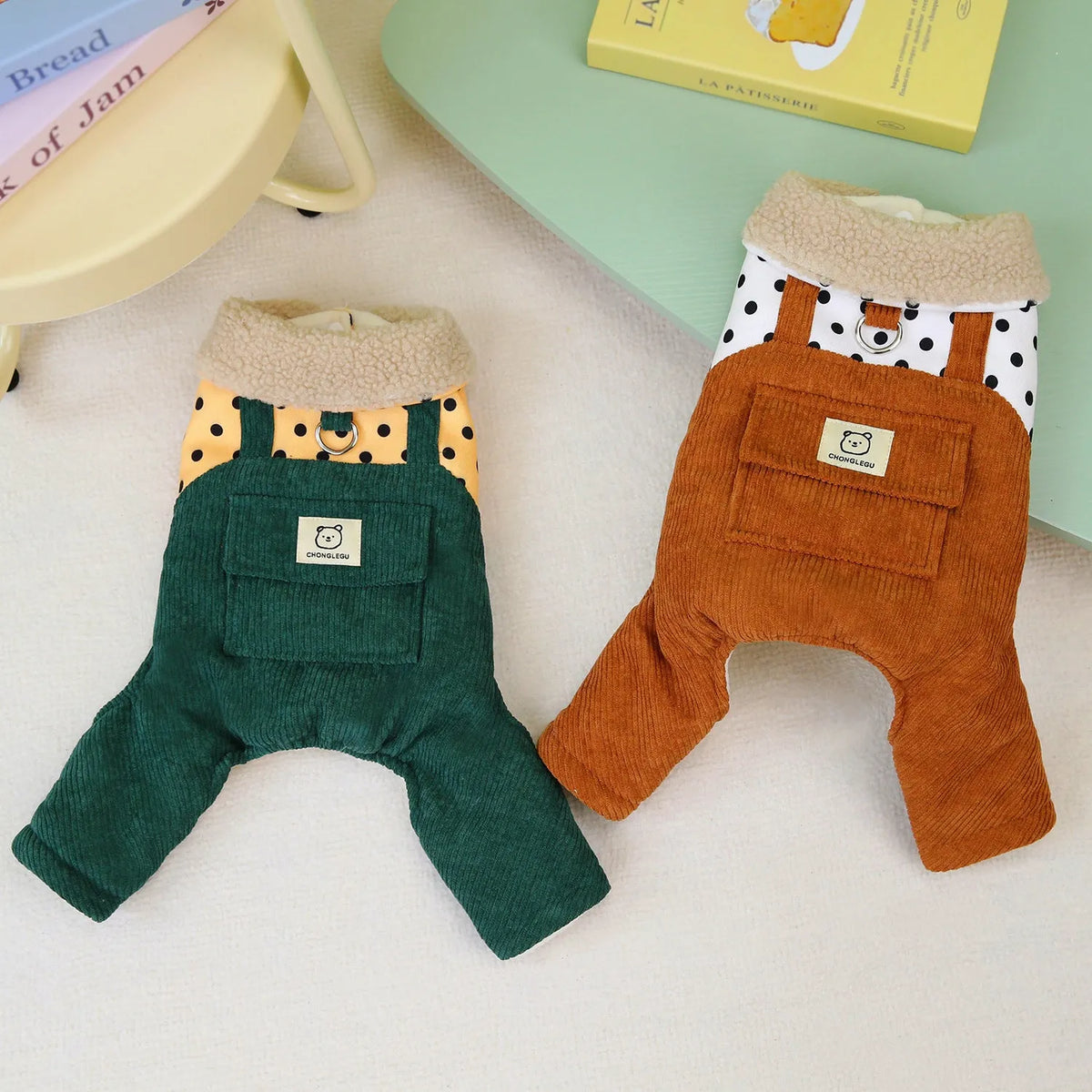Thickened four-legged cotton pet clothes for small dogs in dark green and brown, sizes XS to XL
