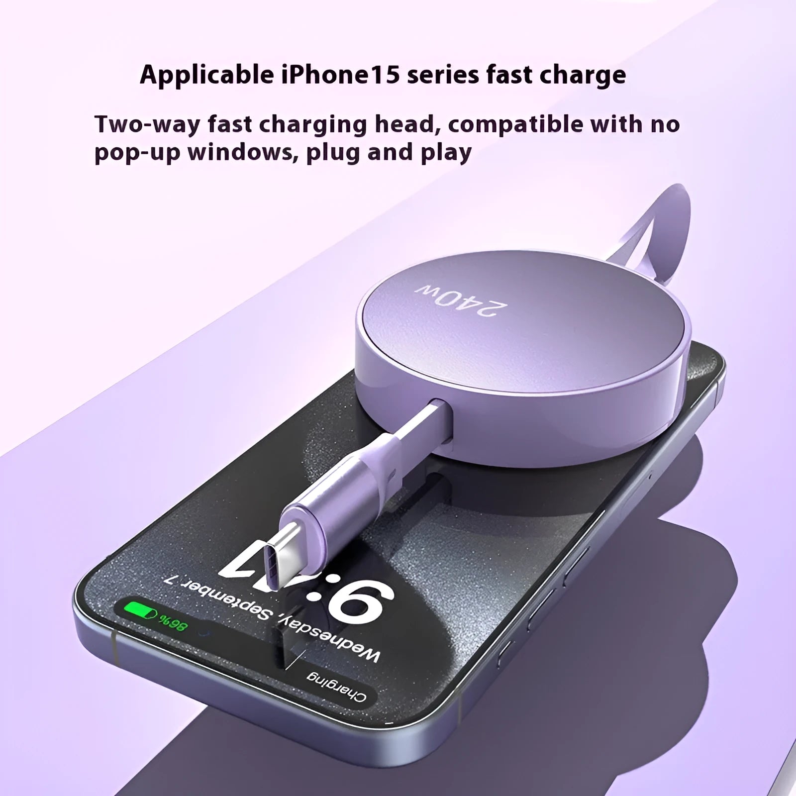 Purple telescopic 240WPD Type-C fast charging data cable with aluminium alloy finish, 1 metre length