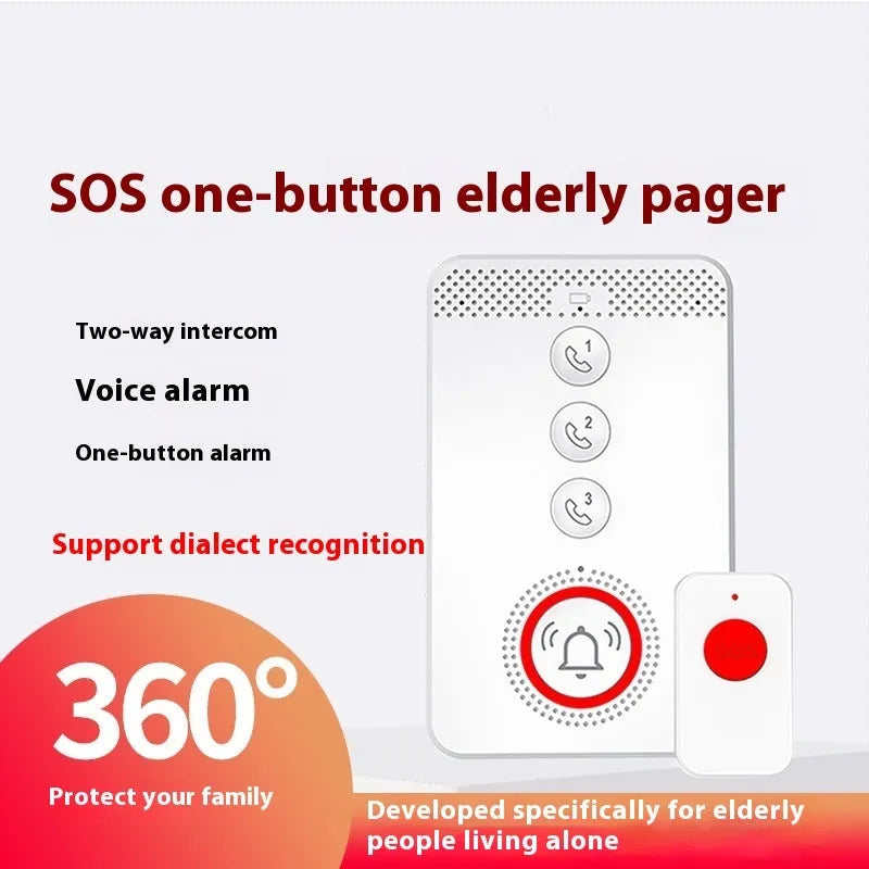 White one-click voice emergency alert device with a central buzzer and three personal call buttons.