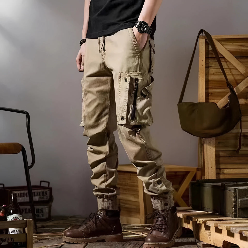 Men's straight leg American workwear trousers in solid colour, cotton blend fabric, with drawstring fly, summer casual style