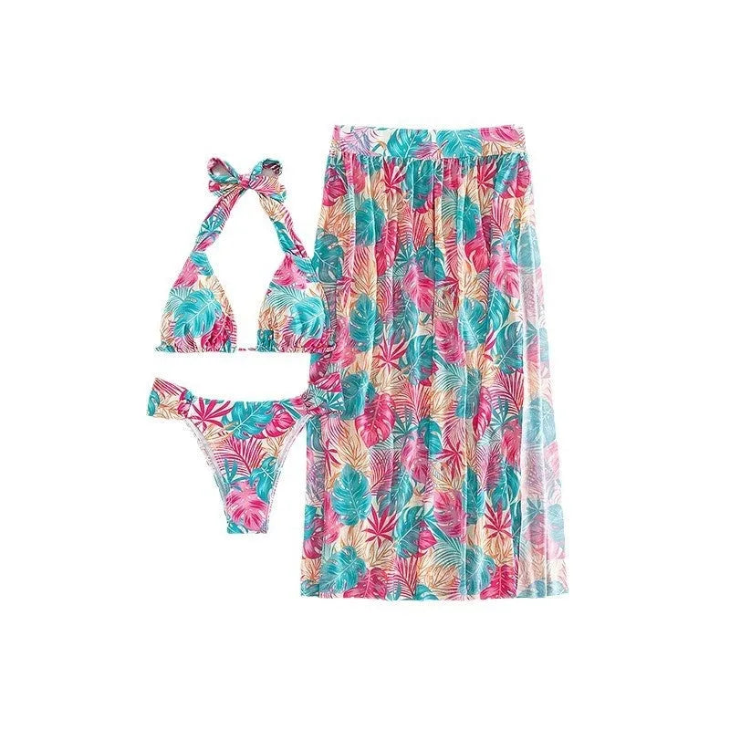 Women's floral printed mesh beach skirt swimsuit set with split cover-up in polyester, three pieces, size S to XL